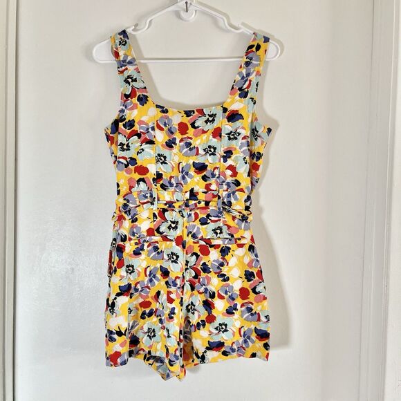 BCBG Generation Multicolor Foral Sleeveless Romper Button Up Belted Sz 4 Linen - Picture 8 of 12
